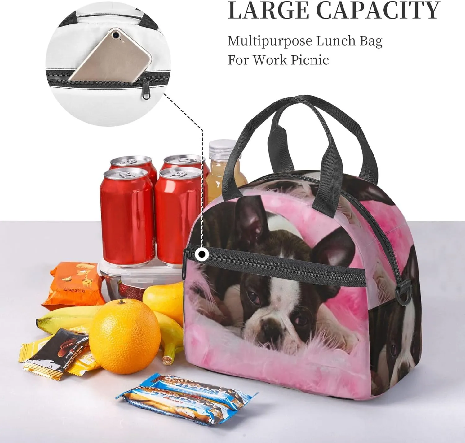 Boston Terrier Puppy Sleep Among Lunch Bag Hand Tote Crossbody Insulated Lunch Bag Large Portable Lunch Box