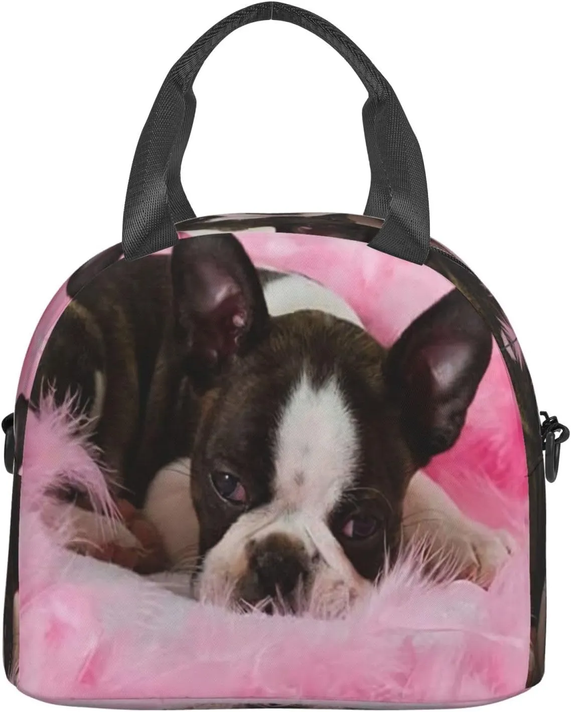 Boston Terrier Puppy Sleep Among Lunch Bag Hand Tote Crossbody Insulated Lunch Bag Large Portable Lunch Box