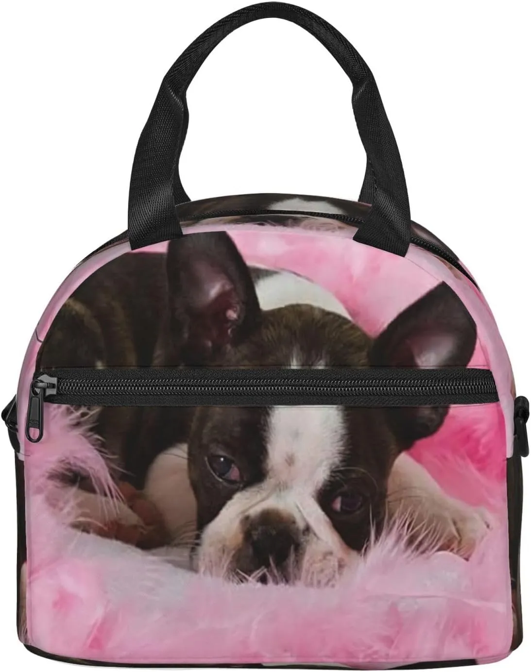 Boston Terrier Puppy Sleep Among Lunch Bag Hand Tote Crossbody Insulated Lunch Bag Large Portable Lunch Box