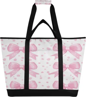 Bowknot Reusable Insulated Cooler Bag with Ice Pack Compartment - Large 47L Waterproof Thermal Grocery Tote for Picnic Beach Camping Lunch Storage