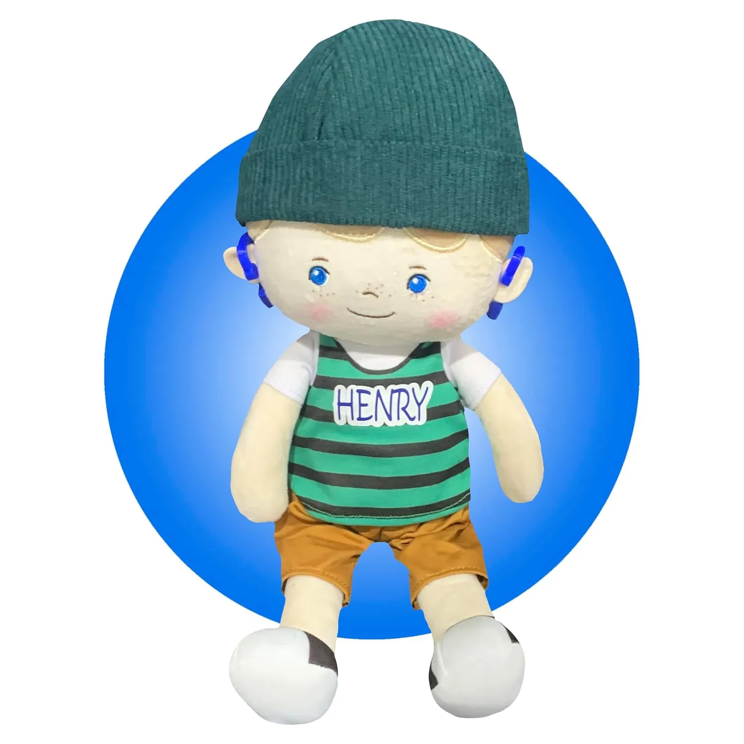 Boy Doll With Hearing Aids - Personalized Hearing Impaired Doll - Boy Doll Wearing Hearing Aids - Toy Hearing Aid for Dolls - Choose Hearing Aid Location - Dolls With Hearing Disabilities (Boy w/Hat Doll)