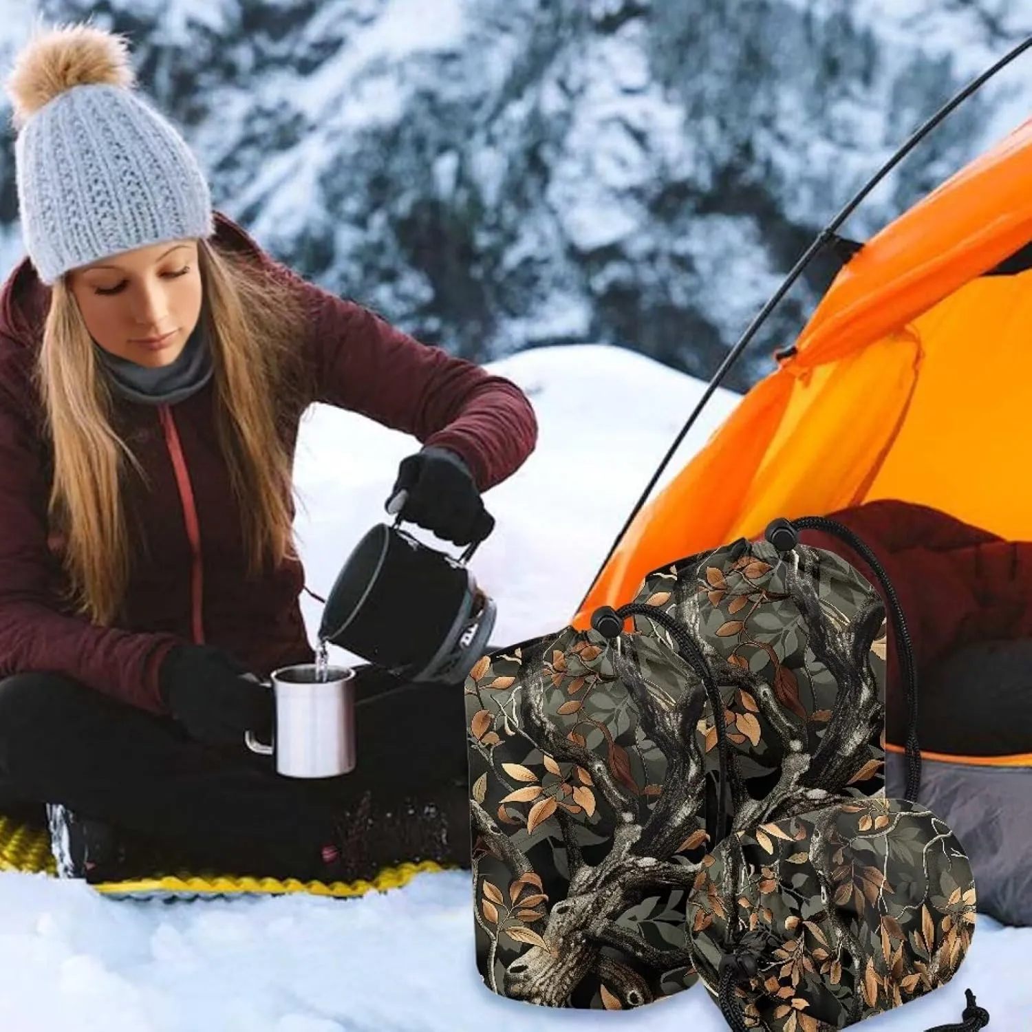 Branches Print Stuff Sack Set of 3 Draw String Bag Ultralight Water Resistant Camping Storage Bag for Travel Camping Hiking Outdoor