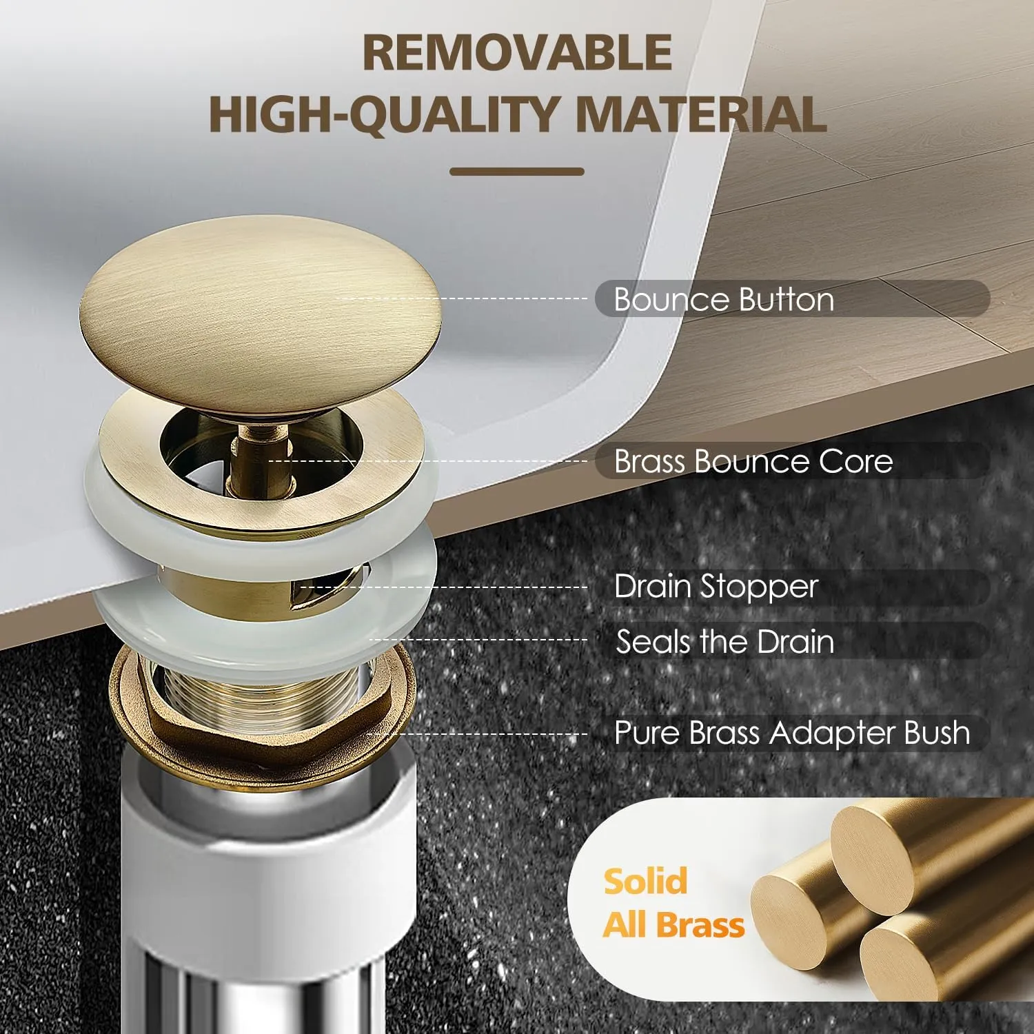 Brass Freestanding Tub Drain, Pop Up Freestanding Tub Drain Plug, Fits Most Freestanding Tub Drain Kits (Brushed Gold)