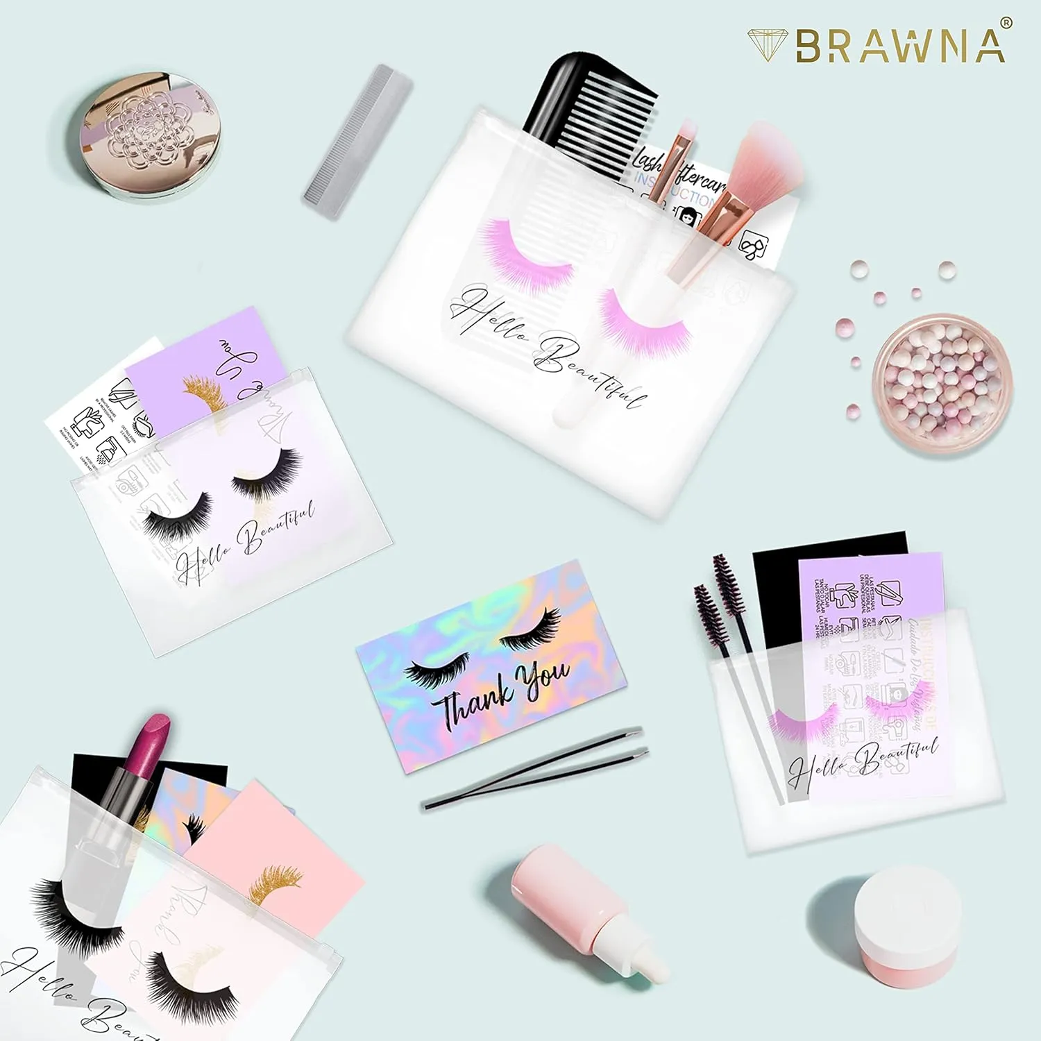 BRAWNA Lash Extension Aftercare Bags - Eyelash Extension Kit Supplies - Lipstick Travel Pouch - Cute Lip Gloss Bags - size 6x8
