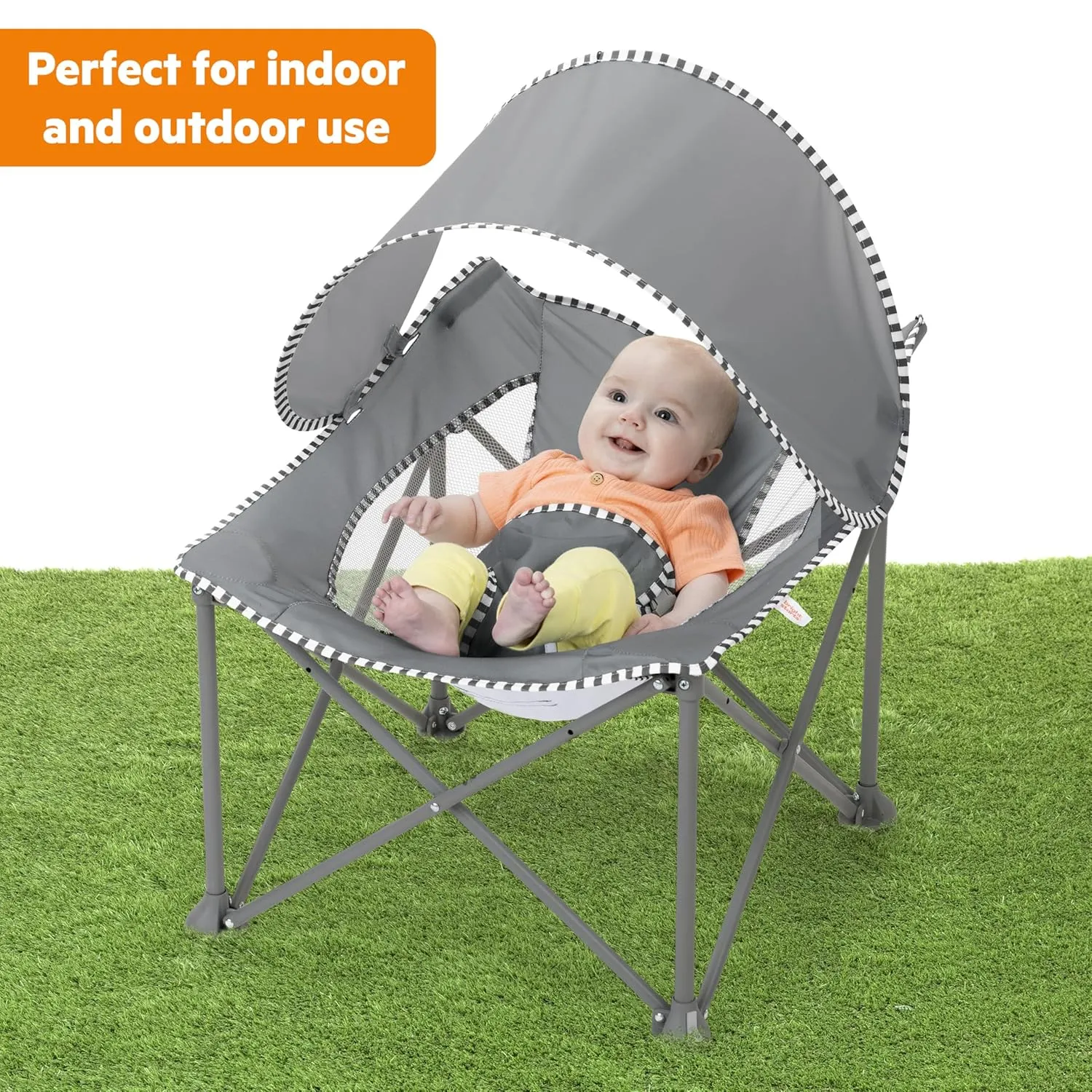 Bright Starts Pop 'N Chill Travel Seat, Indoor/Outdoor Use, Infant Seat with UPF 50  Canopy, Grey, Ages 0-6 Months