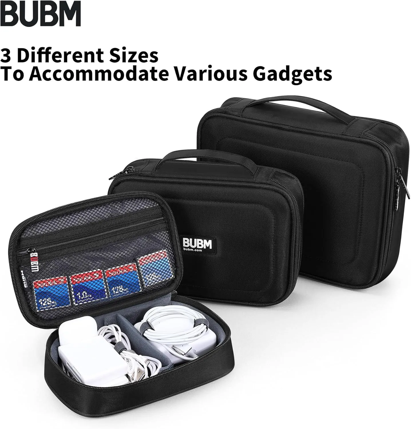BUBM Cable Organizer Bag 3pcs Electronics Travel Organizer for Hard Drives, Cables, Phone, USB, SD Card（2 Year Warranty