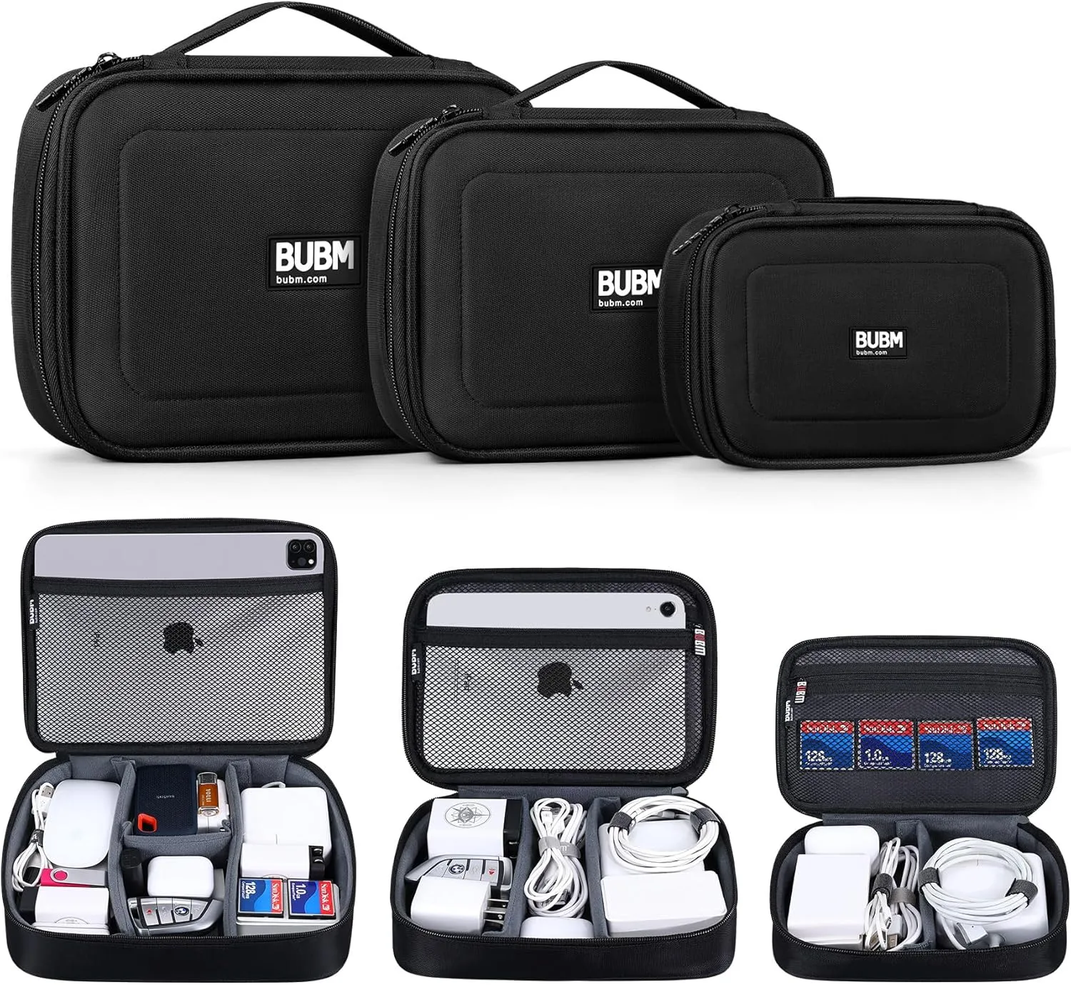 BUBM Cable Organizer Bag 3pcs Electronics Travel Organizer for Hard Drives, Cables, Phone, USB, SD Card（2 Year Warranty