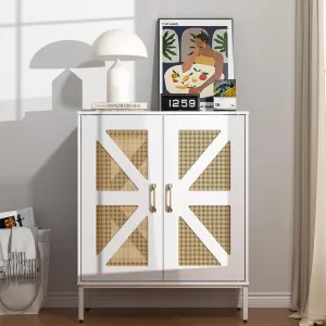 Buffet Cabinet White with Storage, Rattan Sideboard with Doors & Shelves, Accent Buffet Console Table 32.9" Media Console Mid Century Coffee Bar Table for Living Room Kitchen Dining Room
