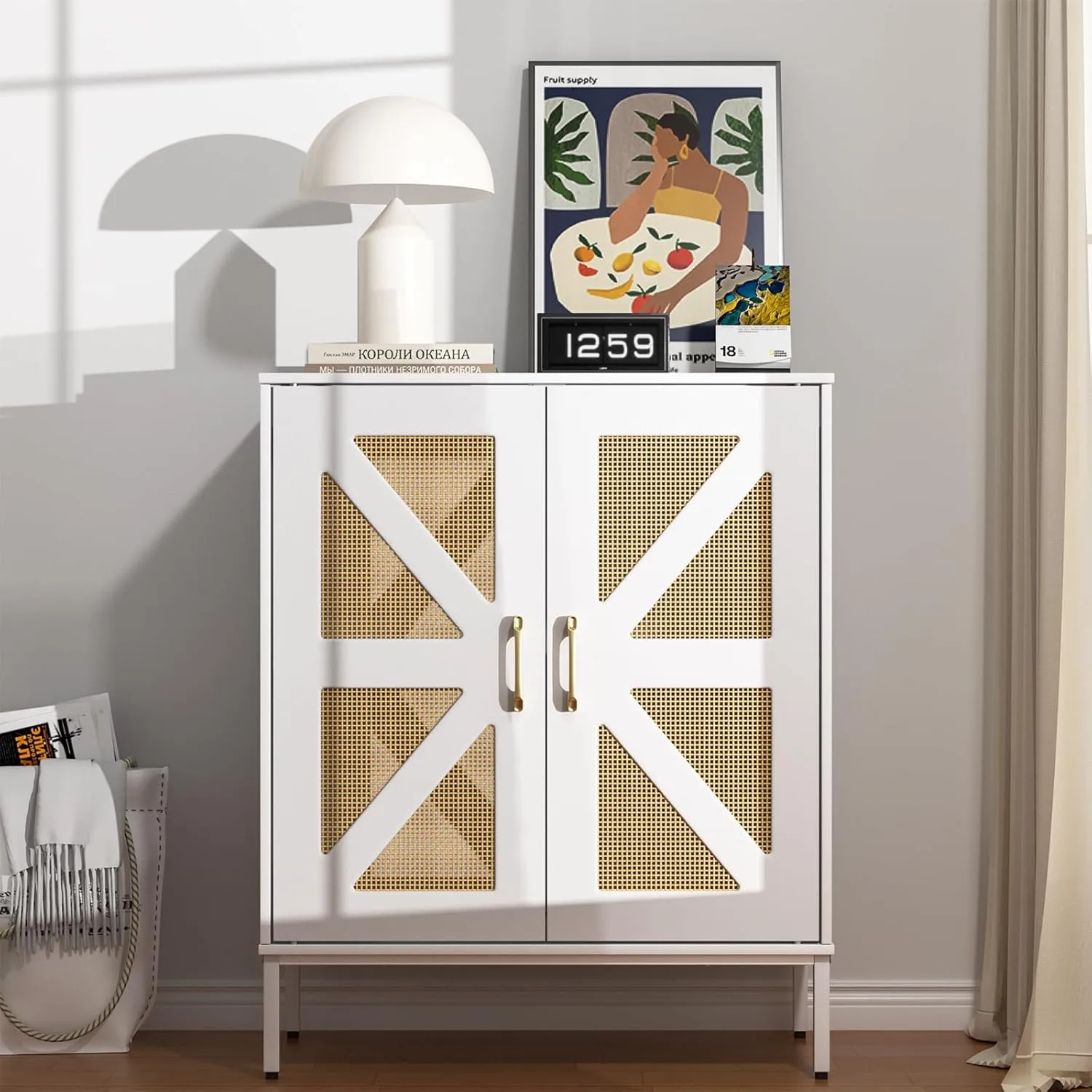 Buffet Cabinet White with Storage, Rattan Sideboard with Doors & Shelves, Accent Buffet Console Table 32.9" Media Console Mid Century Coffee Bar Table for Living Room Kitchen Dining Room