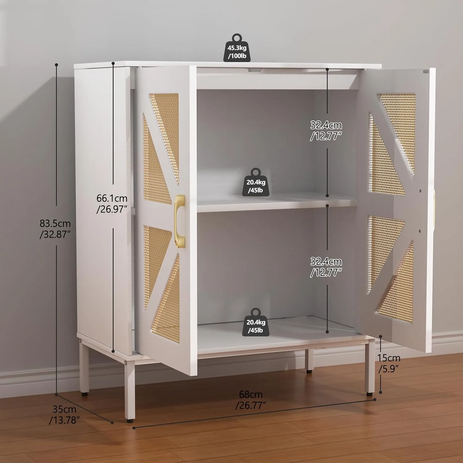 Buffet Cabinet White with Storage, Rattan Sideboard with Doors & Shelves, Accent Buffet Console Table 32.9" Media Console Mid Century Coffee Bar Table for Living Room Kitchen Dining Room