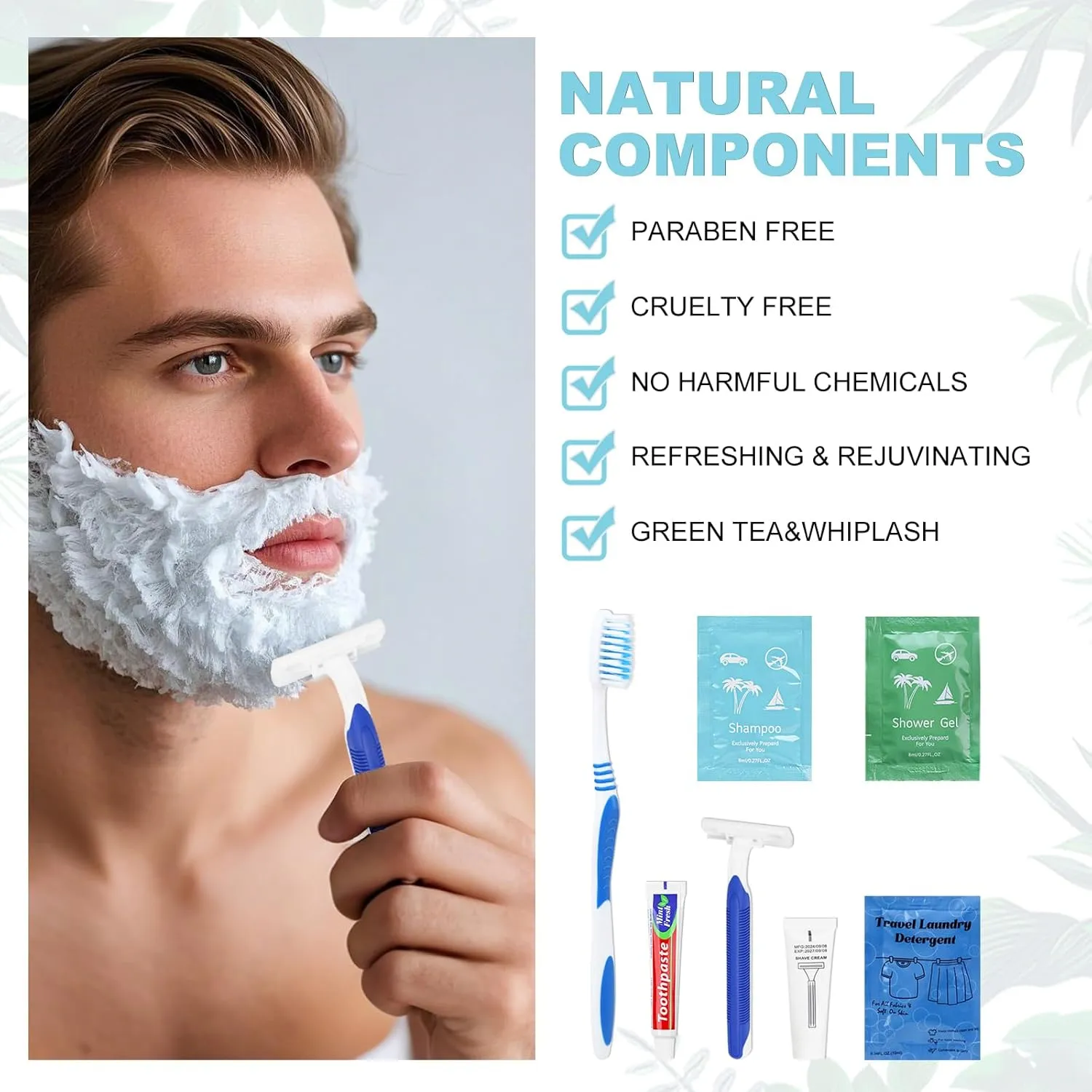 Bulk Hygiene Kits Homeless Supplies Bulk for Homeless Shelters, Travel, Charity, Hotel Include Razors with Shaving Cream, Body Wash, Shampoo and Liquid Laundry (50)