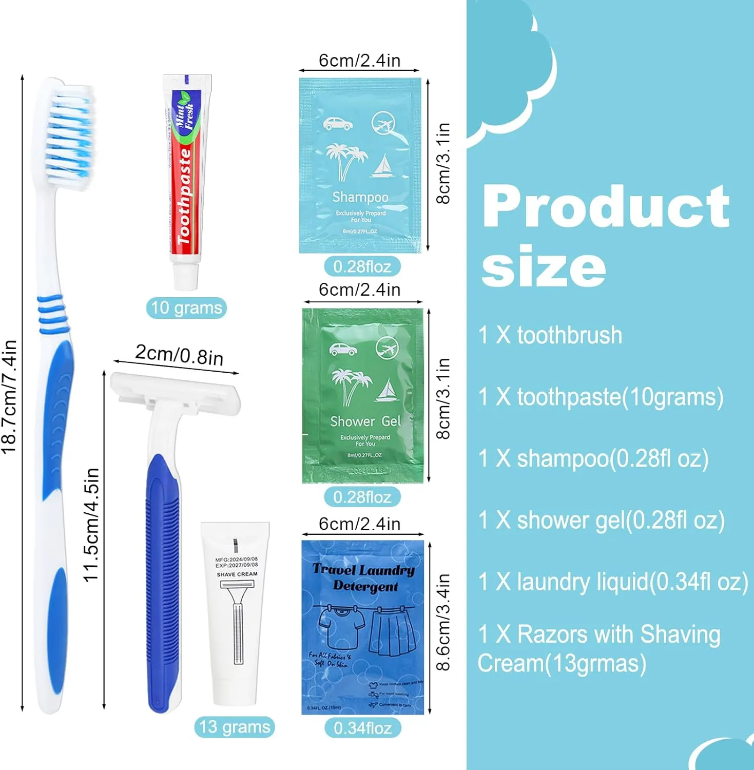 Bulk Hygiene Kits Homeless Supplies Bulk for Homeless Shelters, Travel, Charity, Hotel Include Razors with Shaving Cream, Body Wash, Shampoo and Liquid Laundry (50)