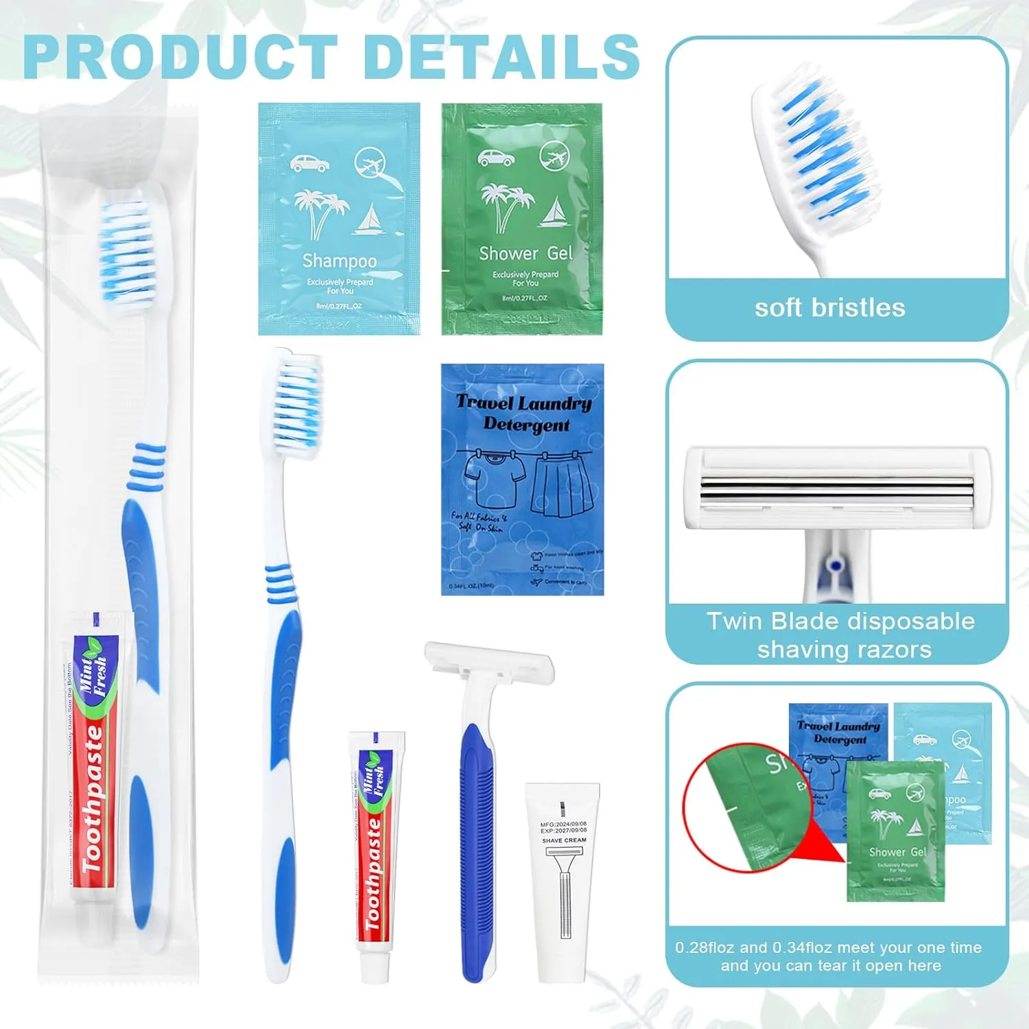 Bulk Hygiene Kits Homeless Supplies Bulk for Homeless Shelters, Travel, Charity, Hotel Include Razors with Shaving Cream, Body Wash, Shampoo and Liquid Laundry (50)
