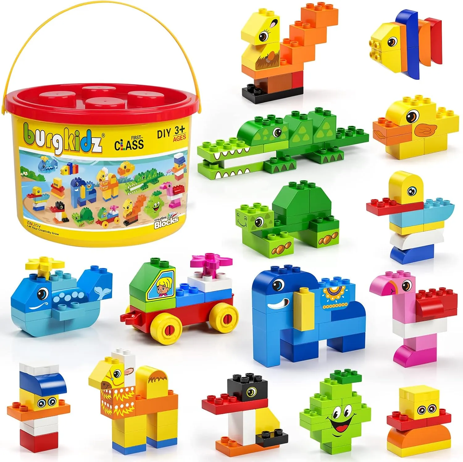 burgkidz Educational Toy Classic Big Size Bricks Building Blocks, Large Compatible Animal Building Bricks with Reusable Storage Bucket Gift for Boy Girl Ages 3 