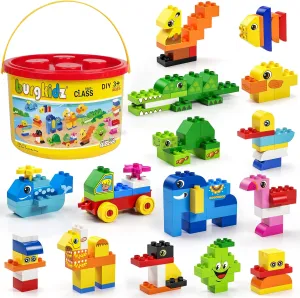 burgkidz Educational Toy Classic Big Size Bricks Building Blocks, Large Compatible Animal Building Bricks with Reusable Storage Bucket Gift for Boy Girl Ages 3 