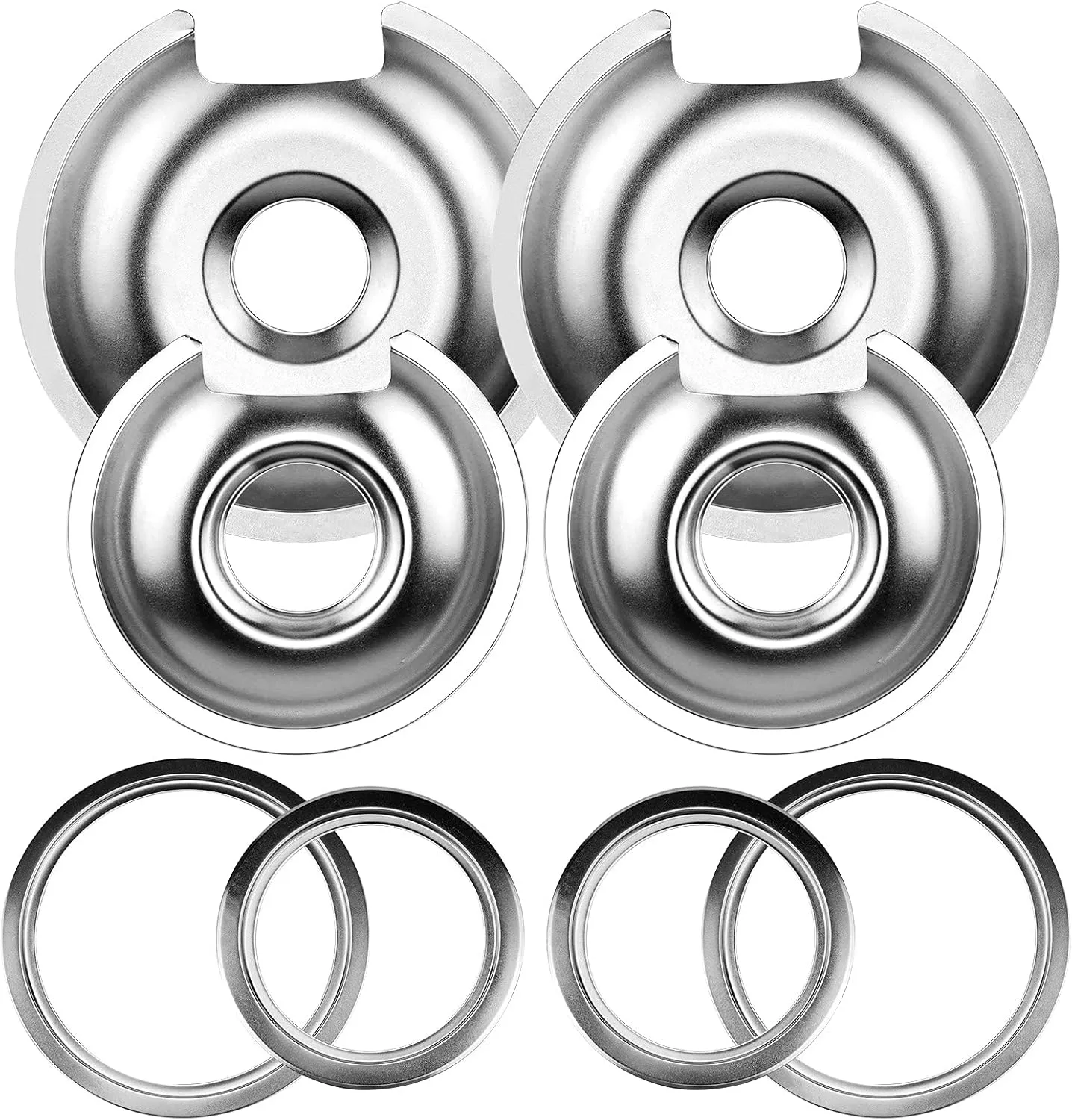 Burner Drip Pans 2 Large 8'' WB32X10013 & 2 Small 6'' WB32X10012 Chrome Drip Pan Set for GE Hotpoint Electric Stove Top - Include 2 Pcs 6'' Drip Pan/Ring and 2 Pcs 8'' Drip Pan/Ring by AMI PARTS