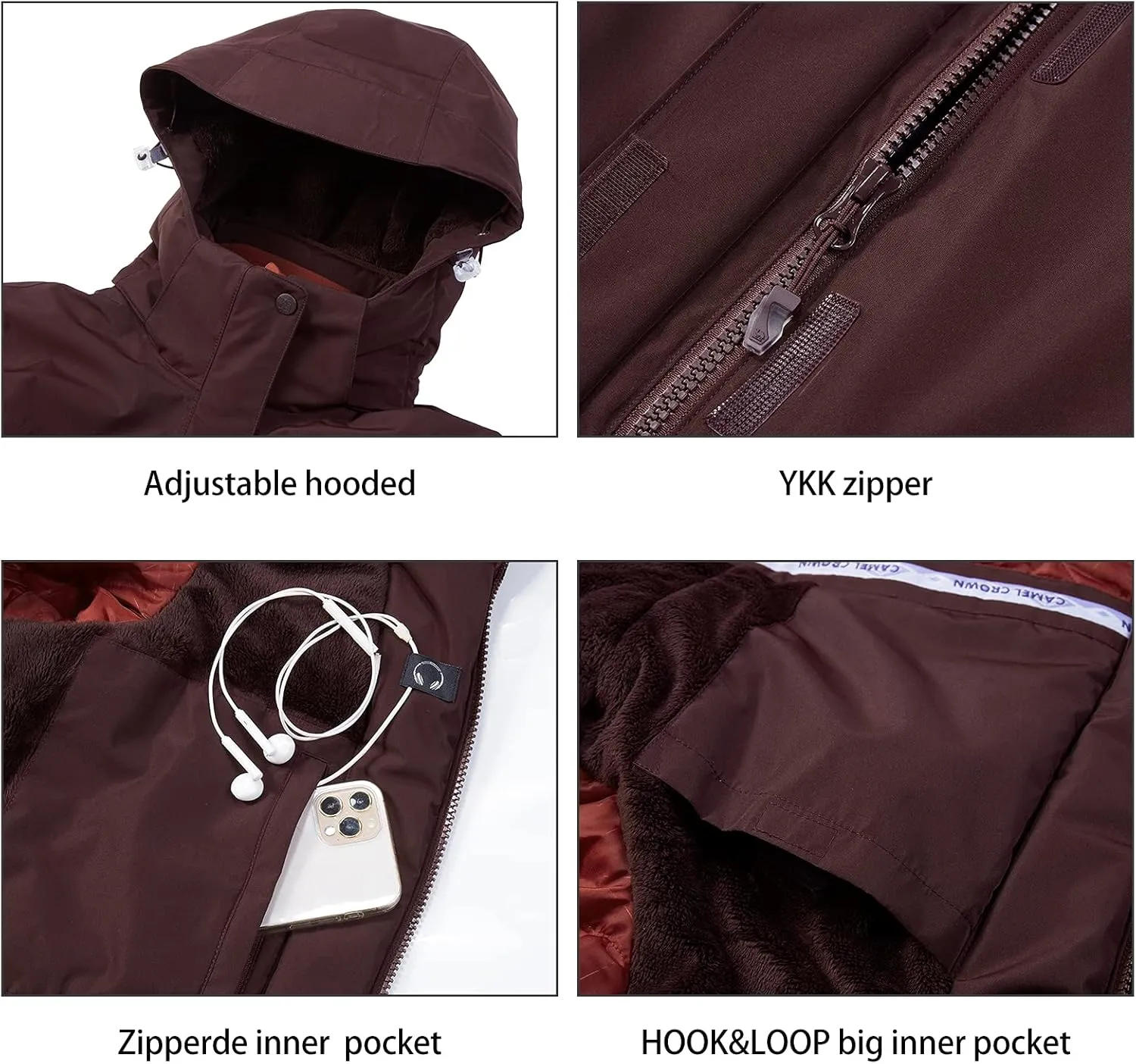 CAMEL CROWN Women’s Mountain Snow Waterproof Ski Jacket Detachable Hood Windproof Fleece Parka Rain Jackt Winter Coat