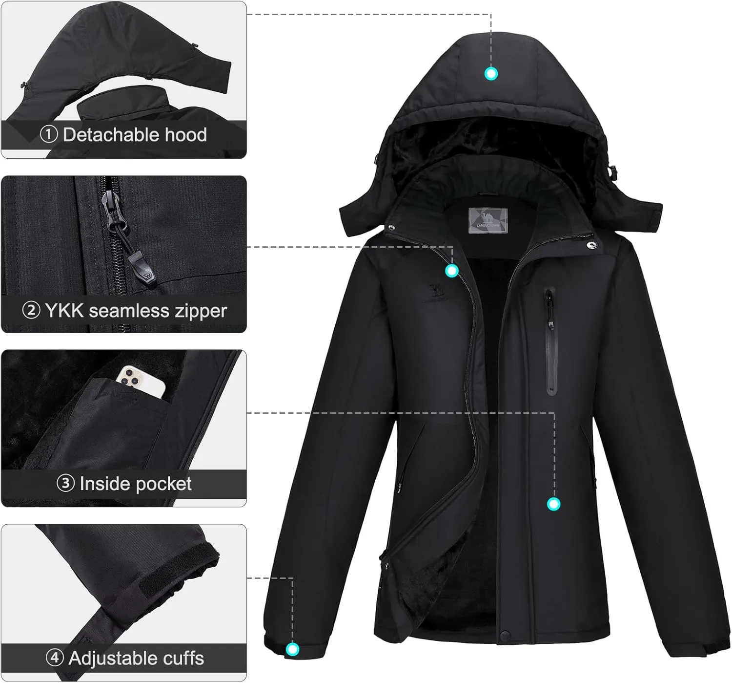 CAMEL CROWN Women's Warm Winter Ski Jackets Waterproof Snow Coat with Hood Mountain Windproof Rain Jacket