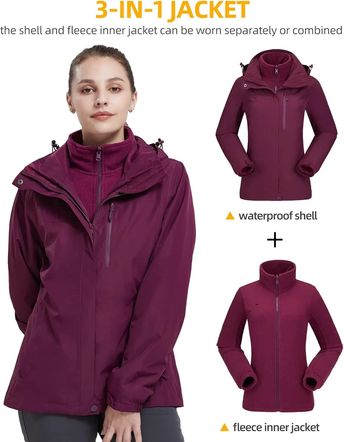 CAMEL CROWN Women's Waterproof Ski Jacket 3 in 1 Winter Coat Windbreaker Snowboard Jackets for Rain Snow Outdoor Hiking