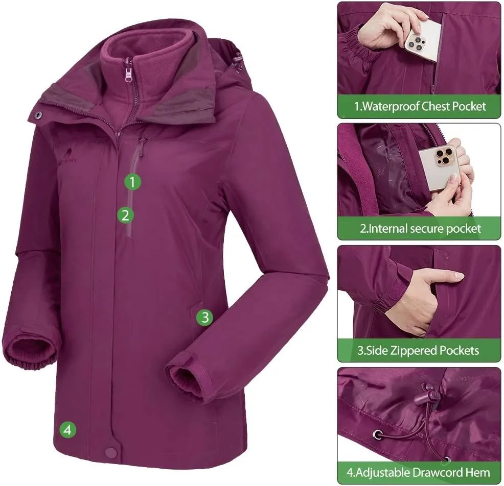 CAMEL CROWN Women's Waterproof Ski Jacket 3 in 1 Winter Coat Windbreaker Snowboard Jackets for Rain Snow Outdoor Hiking