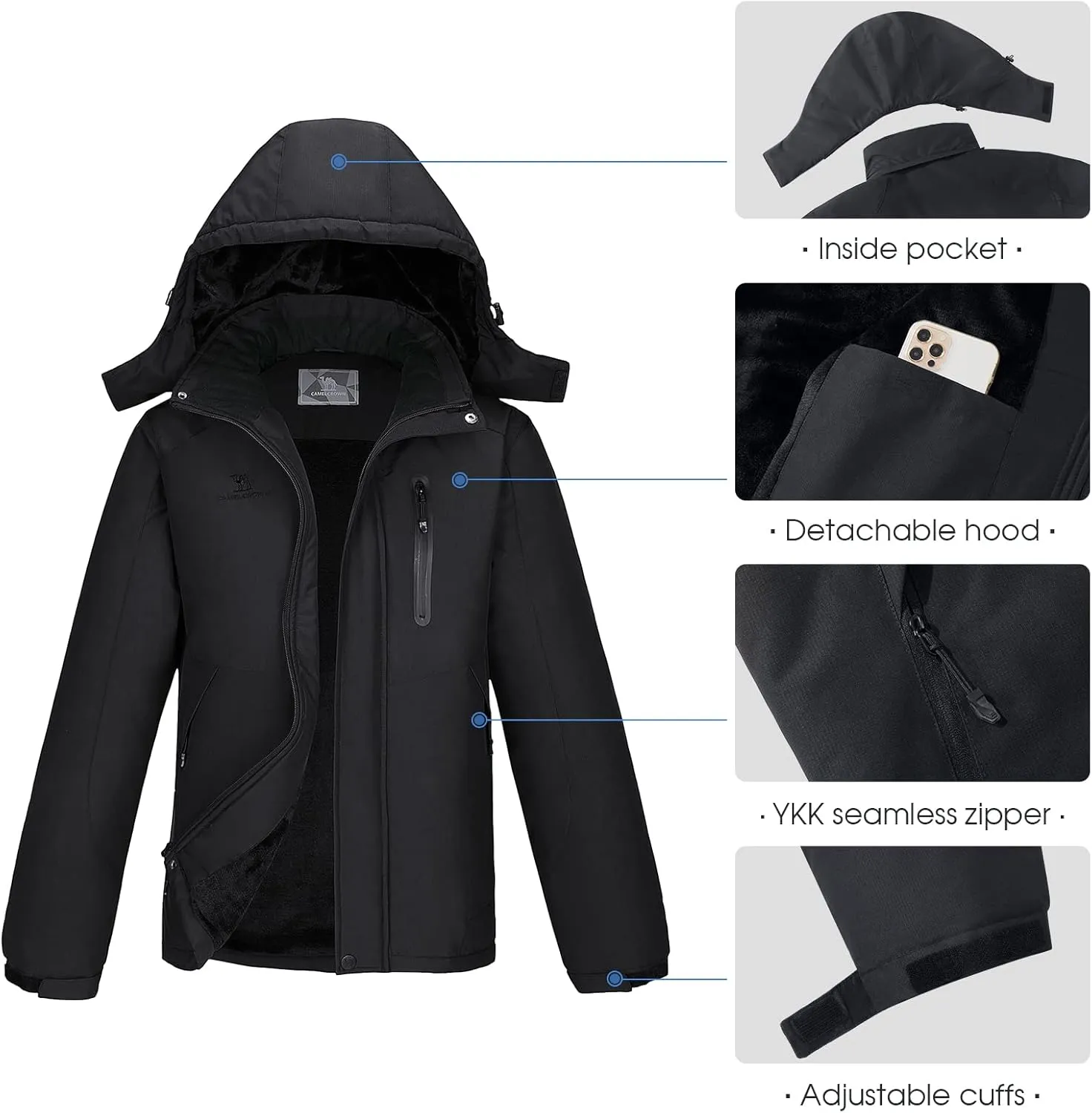 CAMEL Men's Winter Ski Jackets Waterproof Snow Coat with Hood Mountain Windproof Rain Jacket