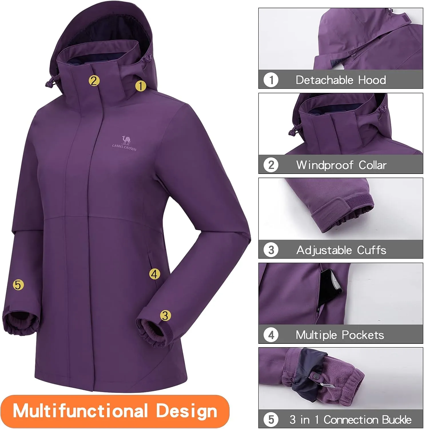 CAMELSPORTS Womens Ski Jackets Waterproof Fleece Snow Coat 3 in 1 Snowboarding Jackets Winter Warm Windbreaker Raincoat