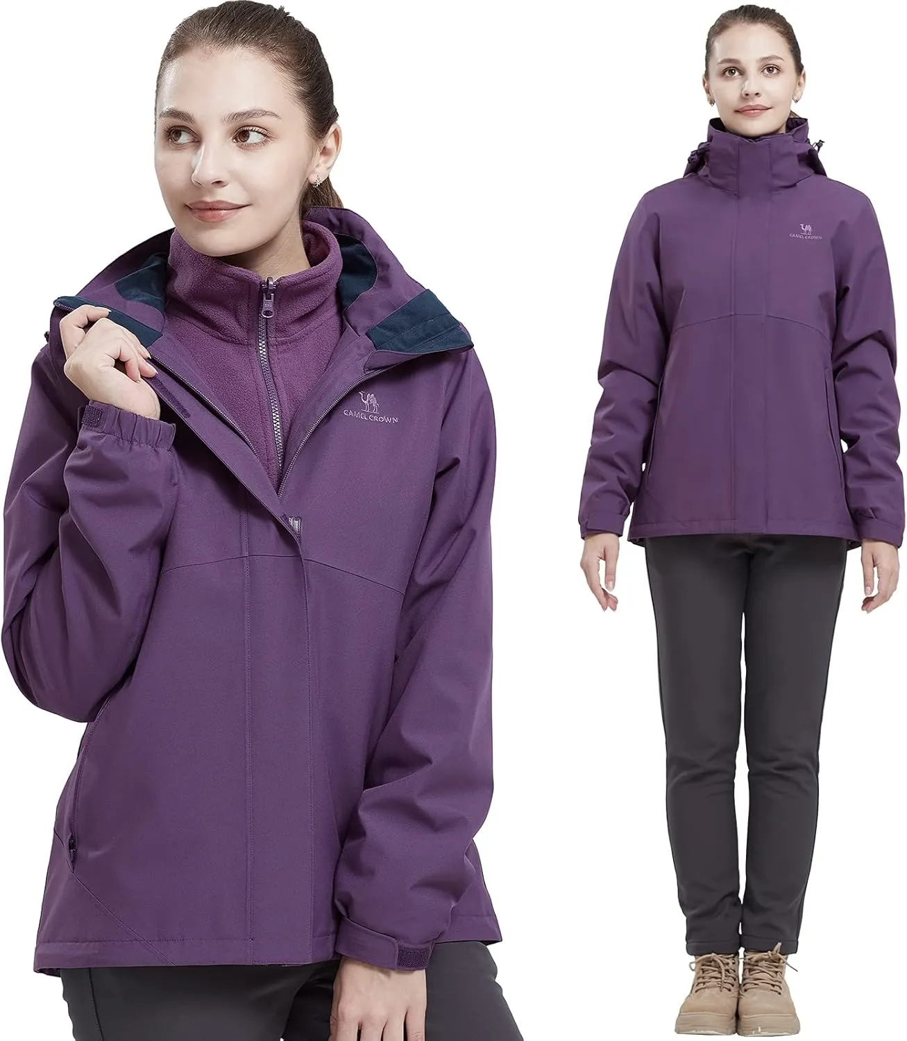 CAMELSPORTS Womens Ski Jackets Waterproof Fleece Snow Coat 3 in 1 Snowboarding Jackets Winter Warm Windbreaker Raincoat