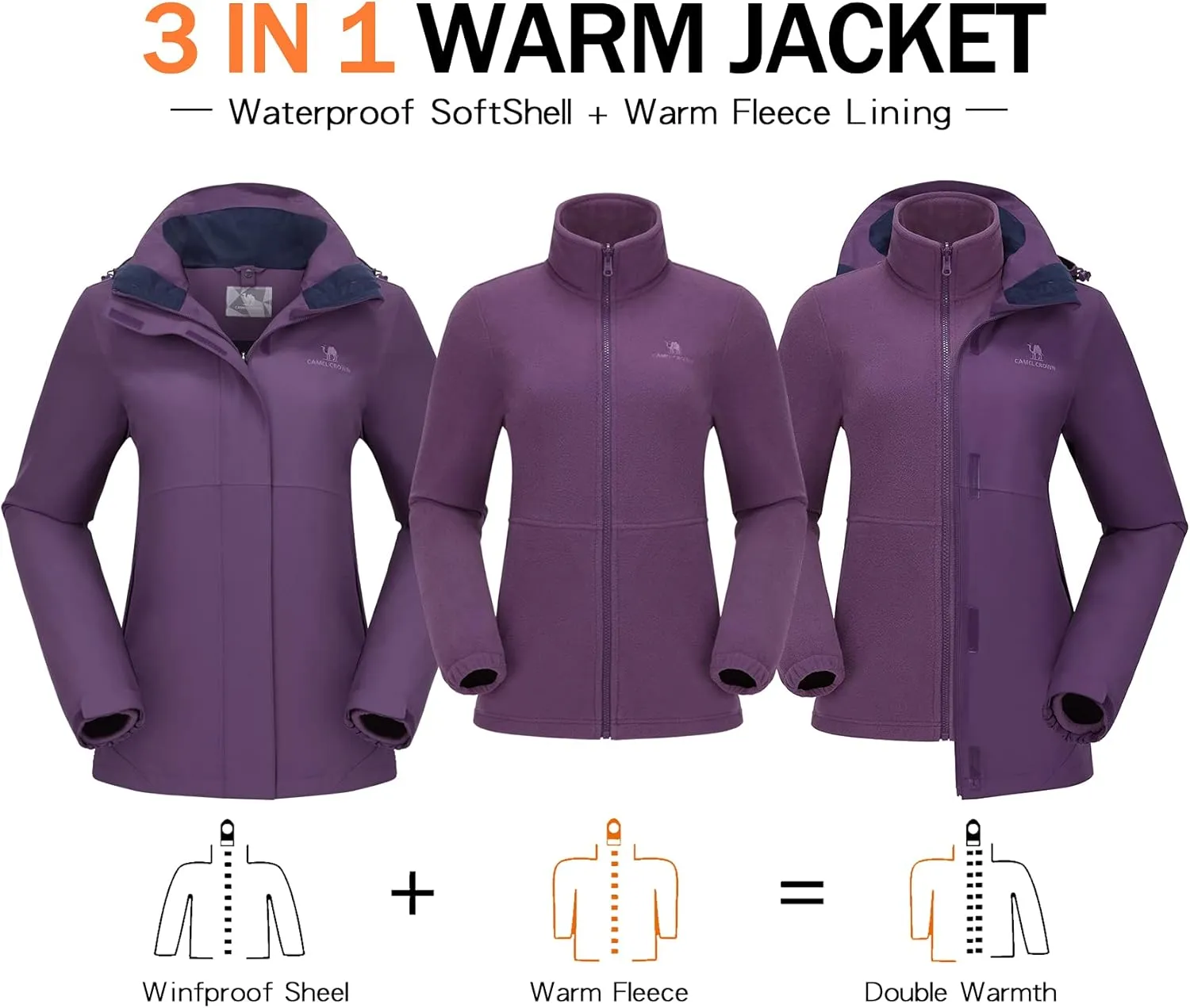 CAMELSPORTS Womens Ski Jackets Waterproof Fleece Snow Coat 3 in 1 Snowboarding Jackets Winter Warm Windbreaker Raincoat