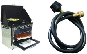 Camp Chef Camping Outdoor Oven with 2 Burner Camping Stove and Camp Chef 5 Foot Bulk Tank Hose Adapter for use with disposable bottle regulators HRDSP Bundle