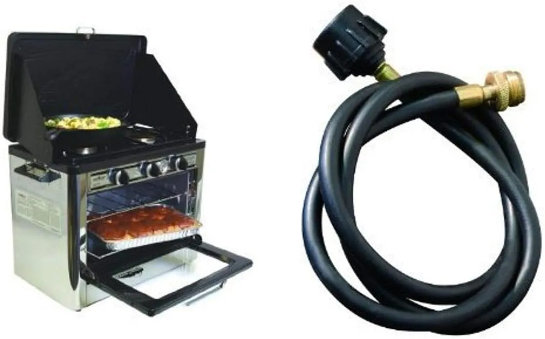 Camp Chef Camping Outdoor Oven with 2 Burner Camping Stove and Camp Chef 5 Foot Bulk Tank Hose Adapter for use with disposable bottle regulators HRDSP Bundle