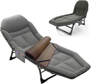 Camping Cot for Adults with Cushion, Portable Folding Cot, 5-Position Chaise Lounge Chair for Outdoor, Camping, Pool, Beach, Patio Relaxation