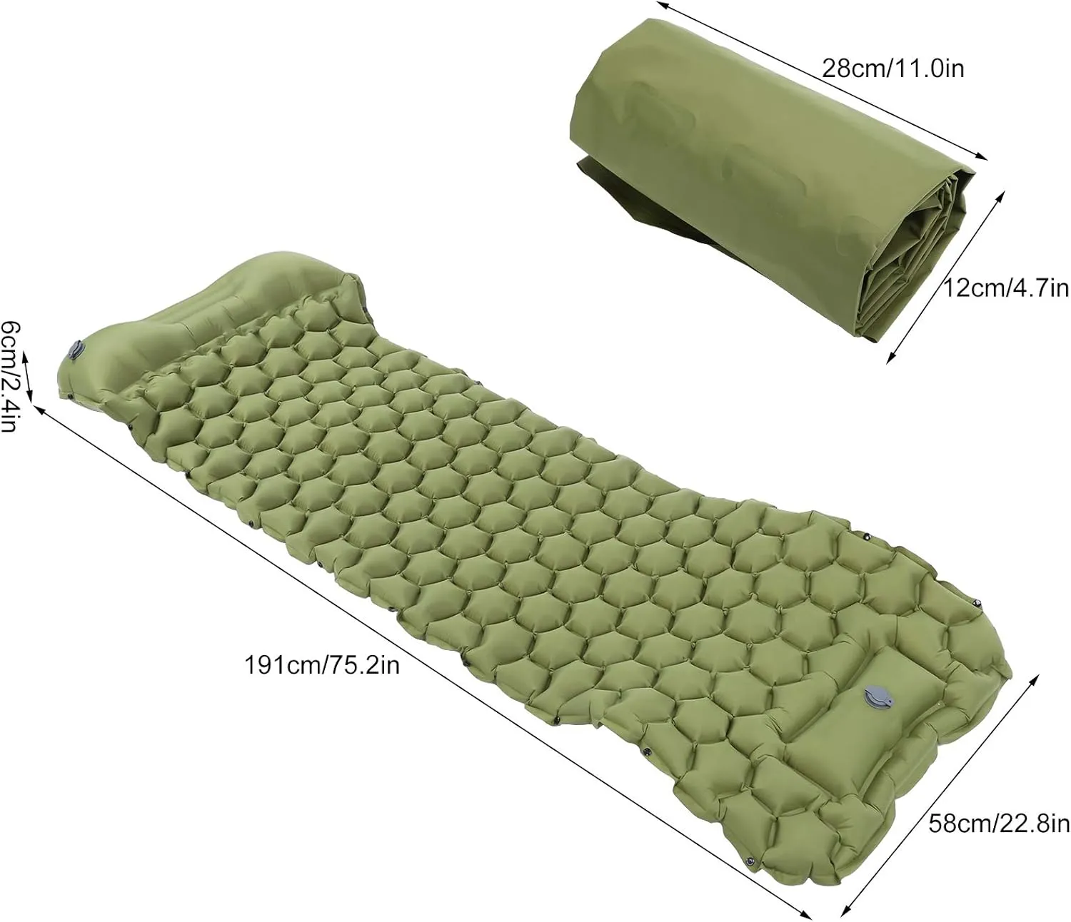 Camping Sleeping Pad Mat, Inflatable Cushion Mattress with 2 Way Valve, Sturdy 40D Nylon Fabric, TPU Laminate, for Tent Hiking Travel, Lightweight Compact (Green)