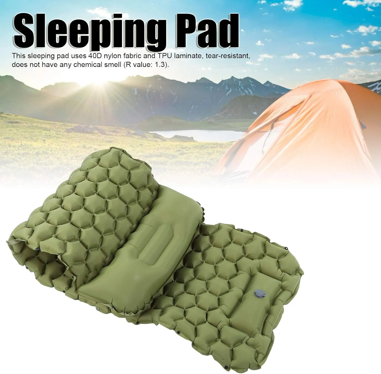 Camping Sleeping Pad Mat, Inflatable Cushion Mattress with 2 Way Valve, Sturdy 40D Nylon Fabric, TPU Laminate, for Tent Hiking Travel, Lightweight Compact (Green)