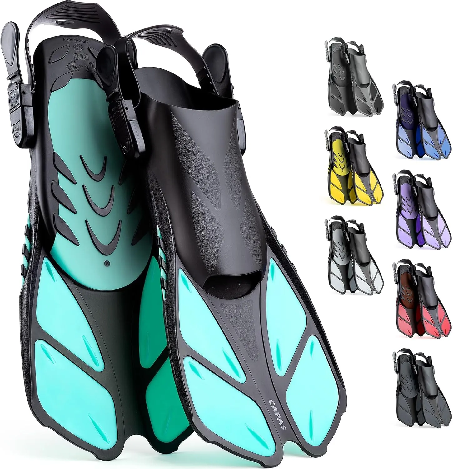 CAPAS Snorkel Fins, Swim Fins Travel Size Short Adjustable for Snorkeling Diving Adult Men Women Kids Open Heel Swimming Flippers
