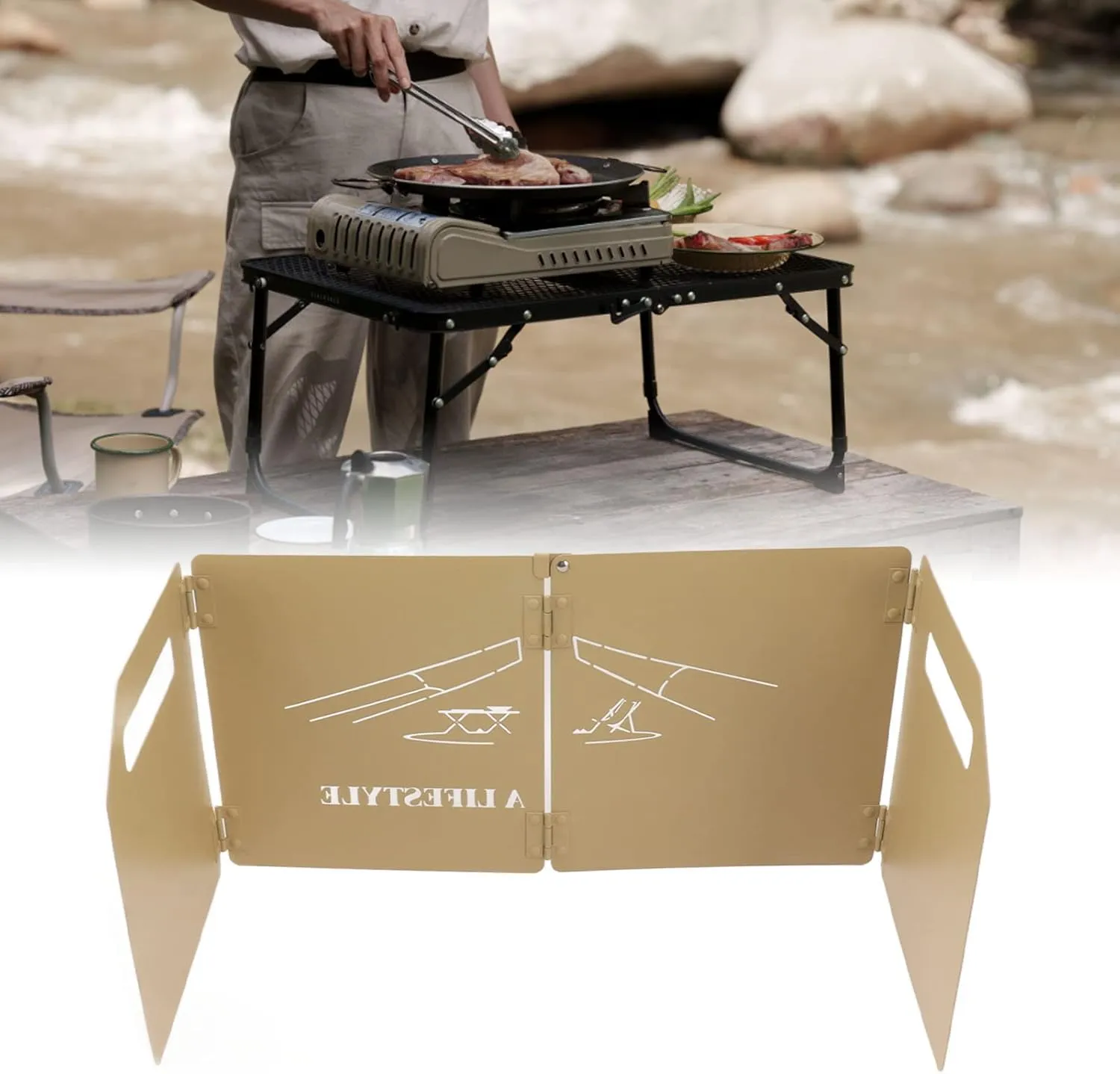 Carbon Steel Camp Stove Windscreen,4 Plates Folding Windscreen with Storage Bag Thicken Oilproof Camping Stove Windshield for Outdoors BBQ (Khaki)