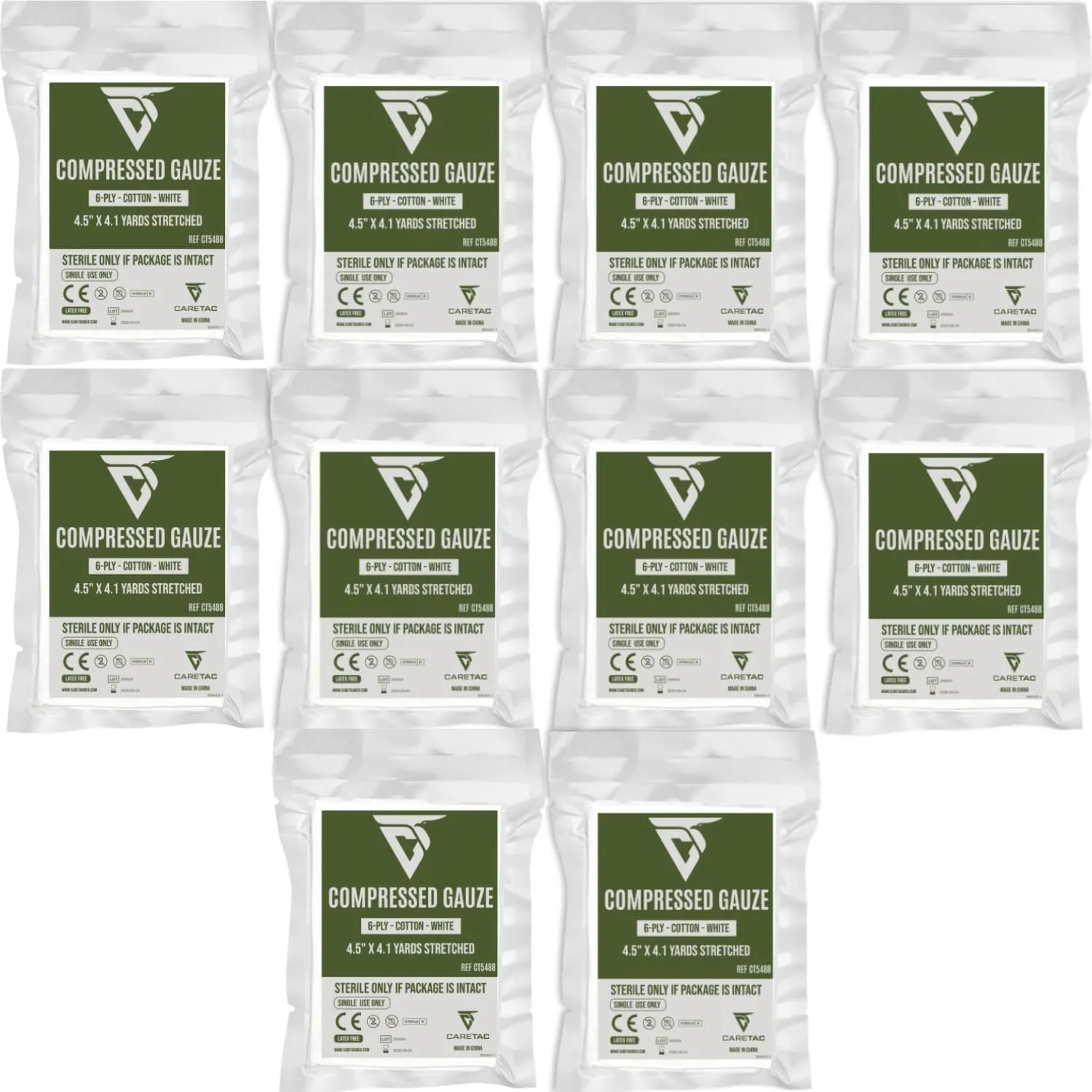CareTac Sterile Compressed Gauze for Emergency Wound Dressing 4.5" x 12.3' – Z-Folded, Stretchable, Highly Absorbent, 100% Cotton for Wound Packing, Bleed Stop, IFAK, Tactical First Aid, Trauma Kit