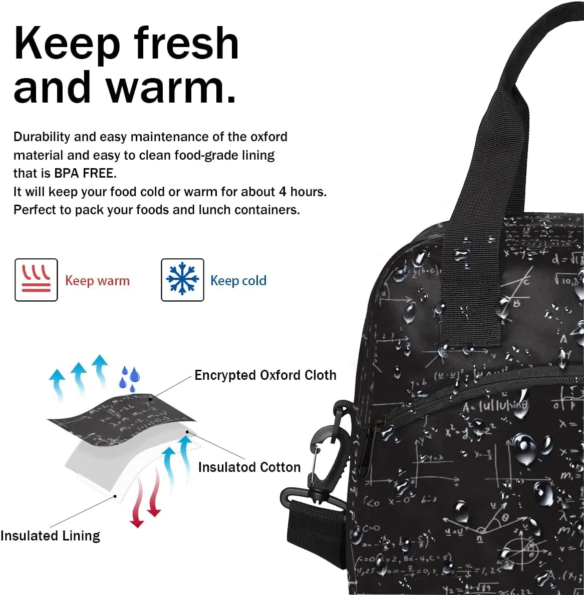 Chemical Molecule Formula Lunch Bag for Women Men Reusable Insulated Lunch Box with Adjustable Shoulder Strap Portable Cooler Tote Bag for Office Work Picnic Travel