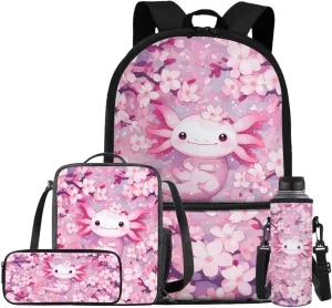 Cherry Blossom Axolotl Bookbags for 7Th Grade Girls Backpack and Lunch Box Set Water Bottle Sleeve Pencil Case Zipper 4-In-1 School Supplies for Teen Girls Kids Students Back To School