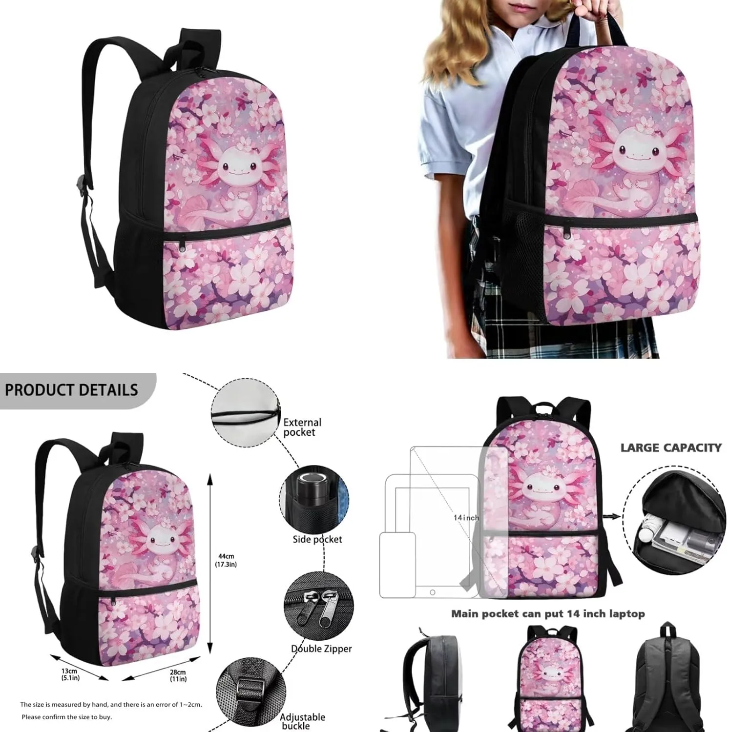 Cherry Blossom Axolotl Bookbags for 7Th Grade Girls Backpack and Lunch Box Set Water Bottle Sleeve Pencil Case Zipper 4-In-1 School Supplies for Teen Girls Kids Students Back To School