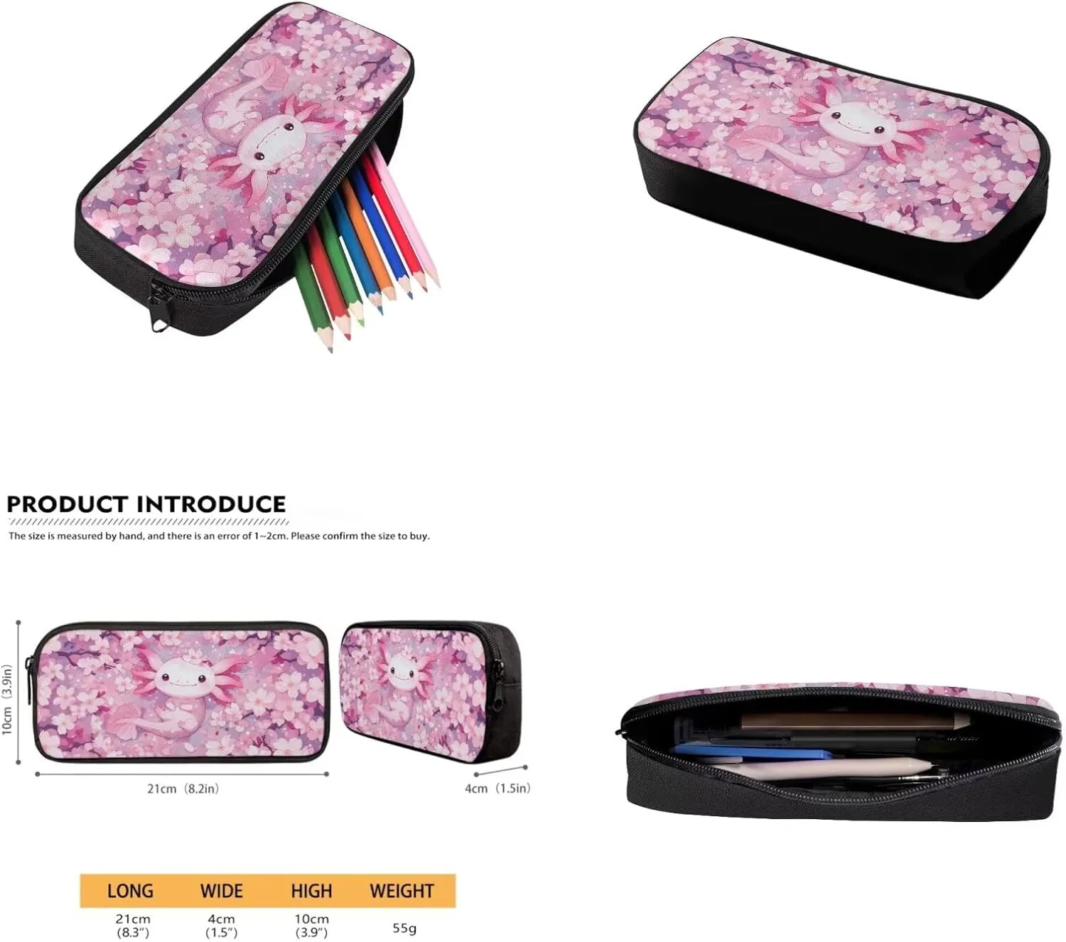 Cherry Blossom Axolotl Bookbags for 7Th Grade Girls Backpack and Lunch Box Set Water Bottle Sleeve Pencil Case Zipper 4-In-1 School Supplies for Teen Girls Kids Students Back To School