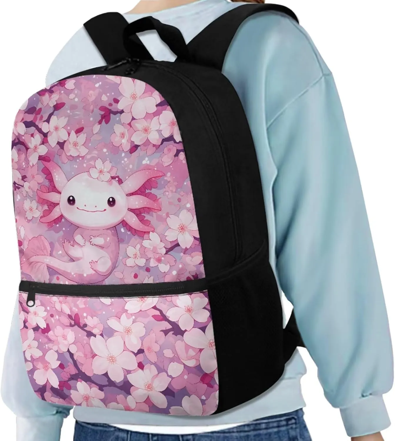 Cherry Blossom Axolotl Bookbags for 7Th Grade Girls Backpack and Lunch Box Set Water Bottle Sleeve Pencil Case Zipper 4-In-1 School Supplies for Teen Girls Kids Students Back To School