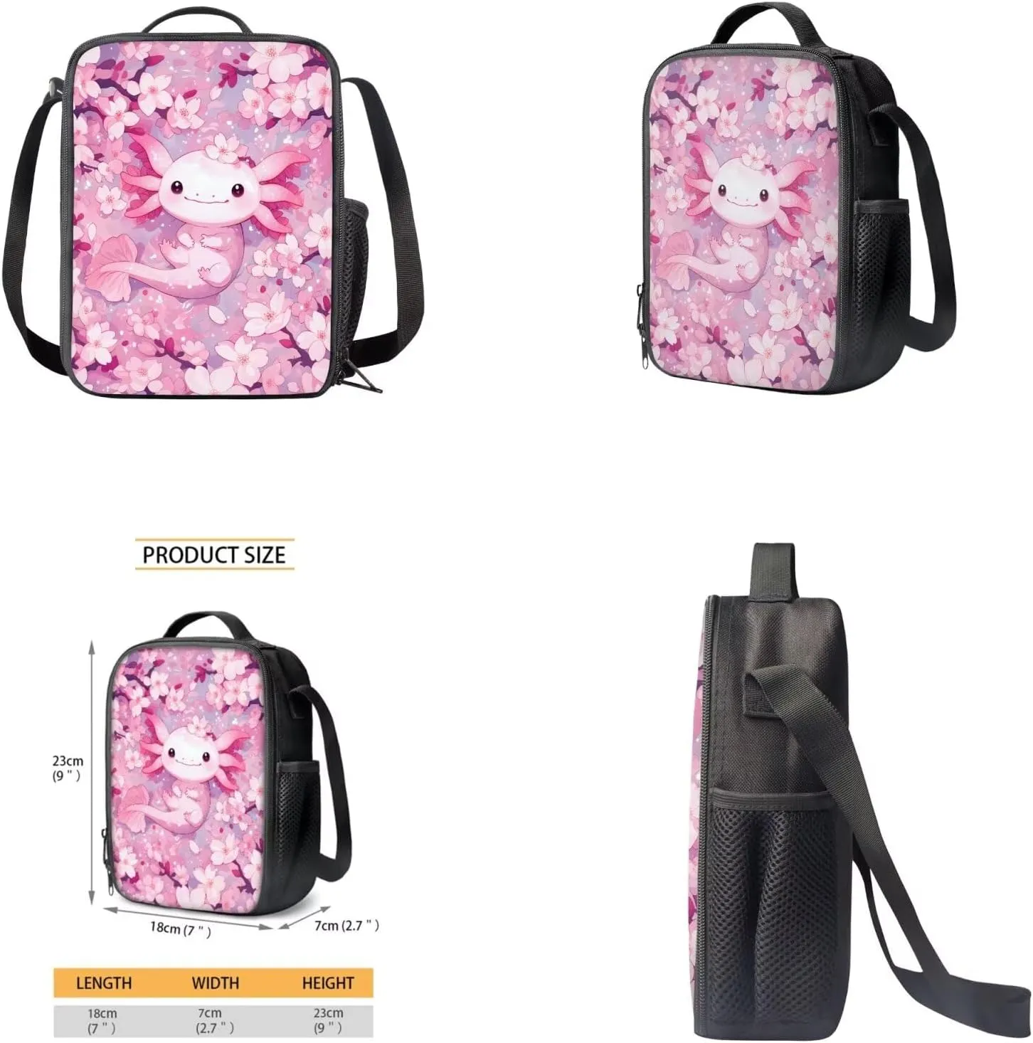 Cherry Blossom Axolotl Bookbags for 7Th Grade Girls Backpack and Lunch Box Set Water Bottle Sleeve Pencil Case Zipper 4-In-1 School Supplies for Teen Girls Kids Students Back To School