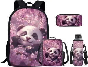 Cherry Blossom Panda Big Girls Bookbag 10-12 Years Old and Lunch Box Set Water Bottle Sleeve Pencil Box Primary School Backpack for Kids Easy Care and Maintenance for Teens Students