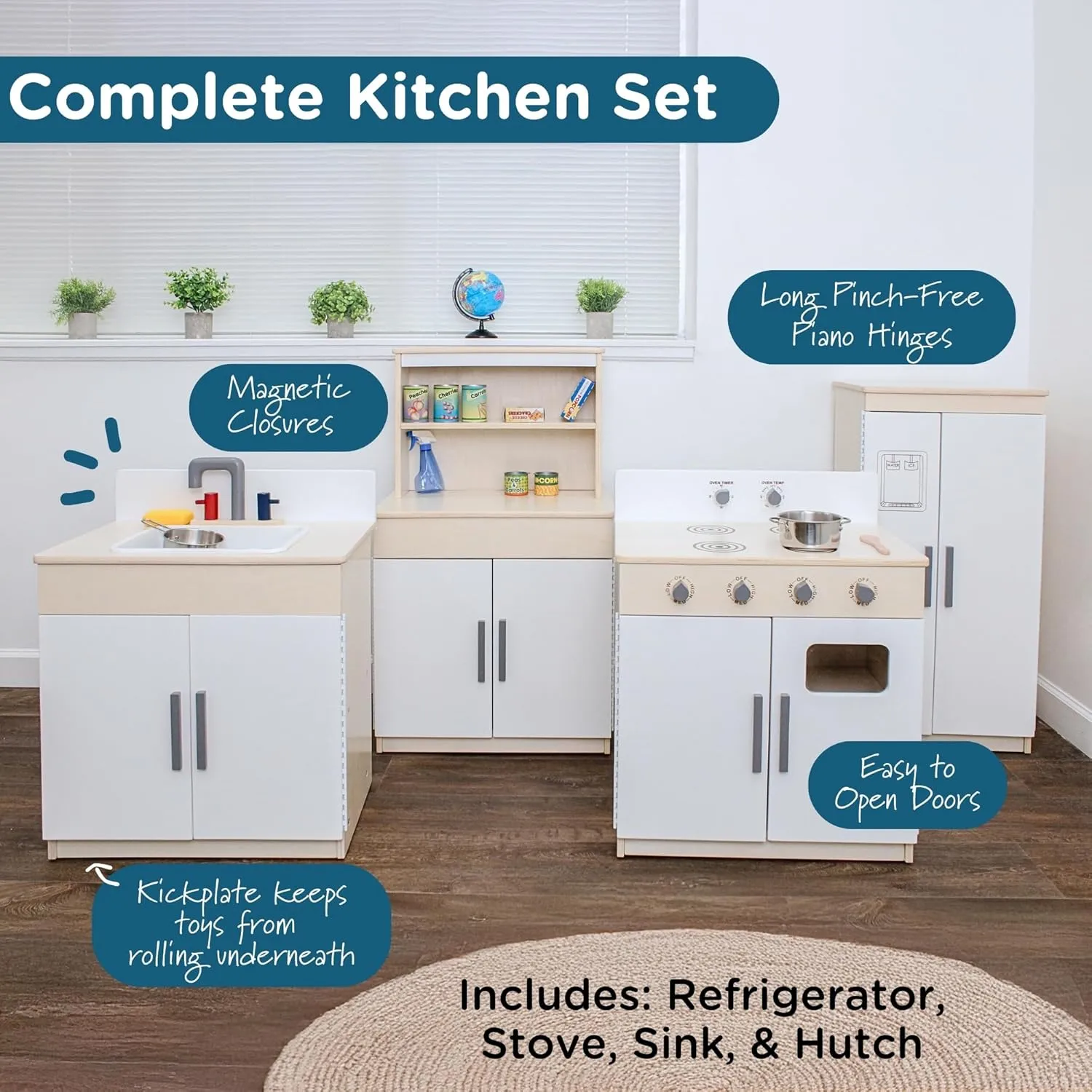 Children’s Factory Wooden 4-Piece Kitchen Set - Kids & Toddlers Pretend Fridge - Realistic Design & Feature - Pre-School Furniture for Classroom or Playroom - Assembly Required
