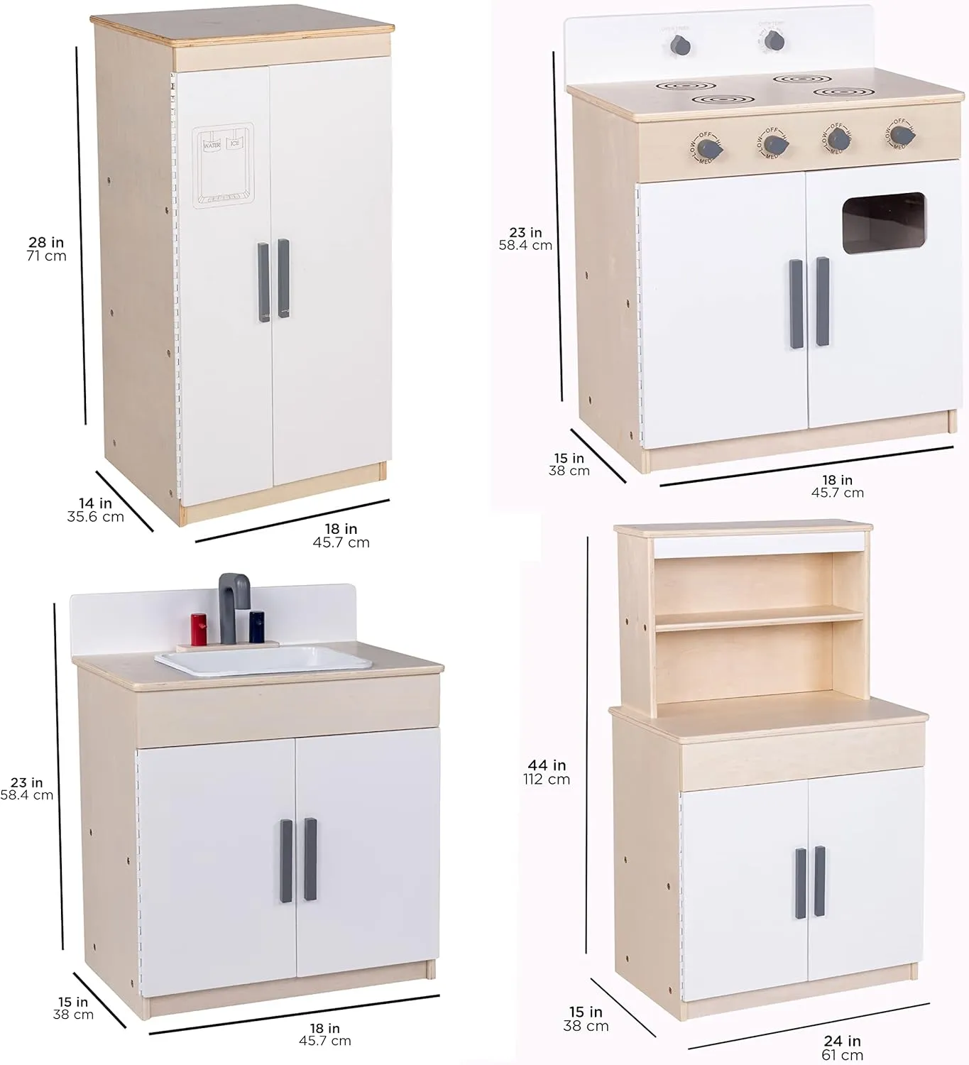 Children’s Factory Wooden 4-Piece Kitchen Set - Kids & Toddlers Pretend Fridge - Realistic Design & Feature - Pre-School Furniture for Classroom or Playroom - Assembly Required
