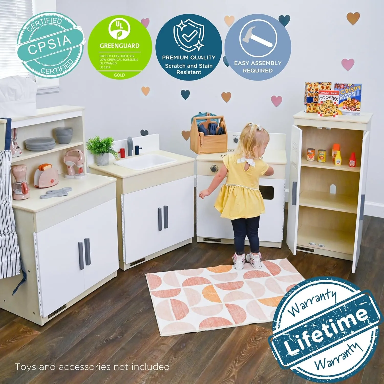 Children’s Factory Wooden 4-Piece Kitchen Set - Kids & Toddlers Pretend Fridge - Realistic Design & Feature - Pre-School Furniture for Classroom or Playroom - Assembly Required