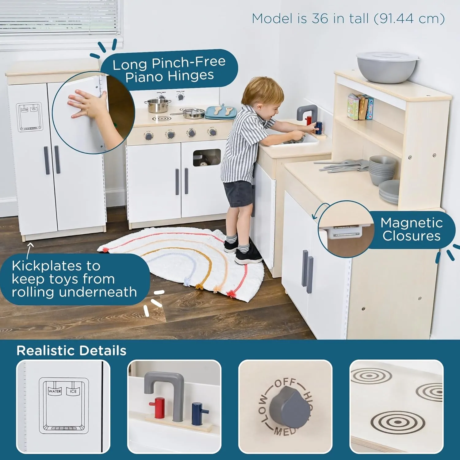 Children’s Factory Wooden 4-Piece Kitchen Set - Kids & Toddlers Pretend Fridge - Realistic Design & Feature - Pre-School Furniture for Classroom or Playroom - Assembly Required