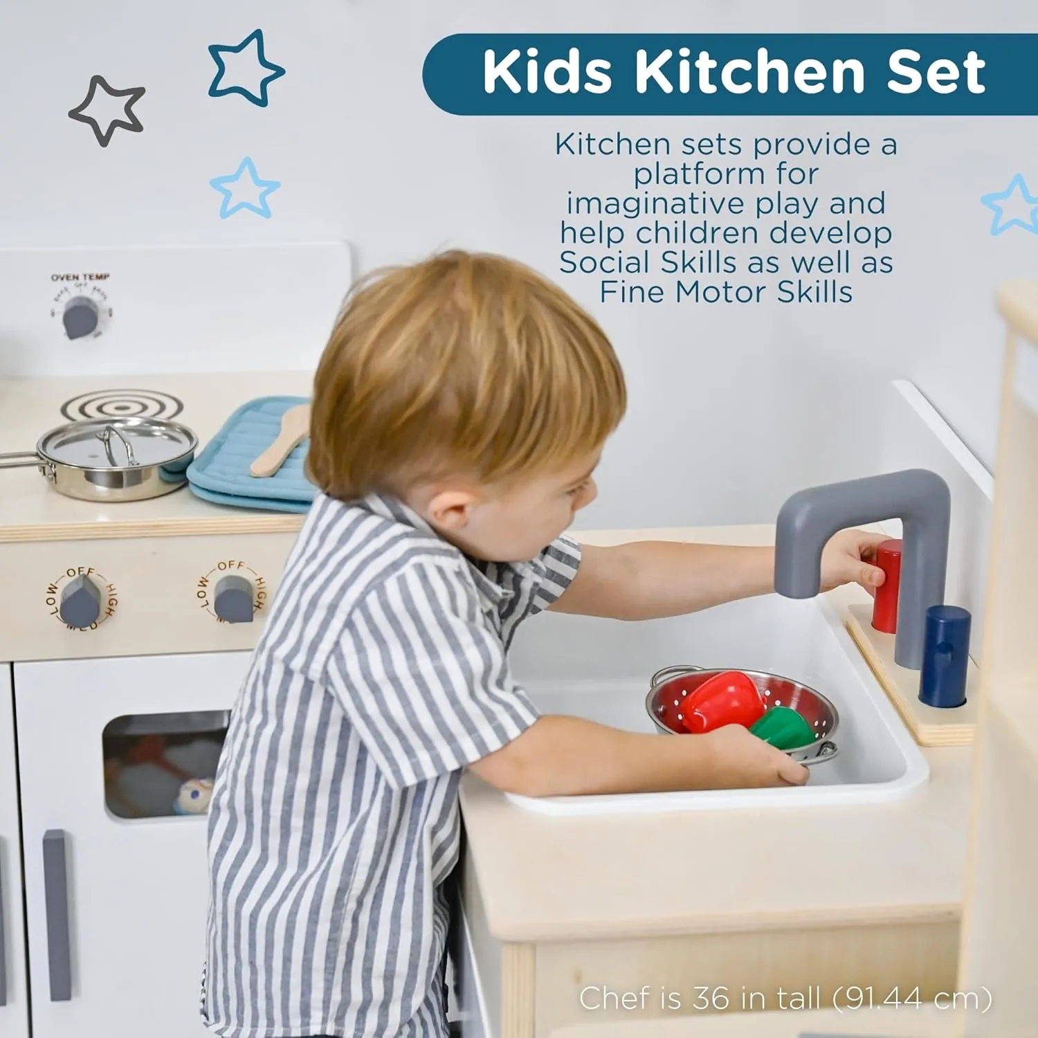 Children’s Factory Wooden 4-Piece Kitchen Set - Kids & Toddlers Pretend Fridge - Realistic Design & Feature - Pre-School Furniture for Classroom or Playroom - Assembly Required
