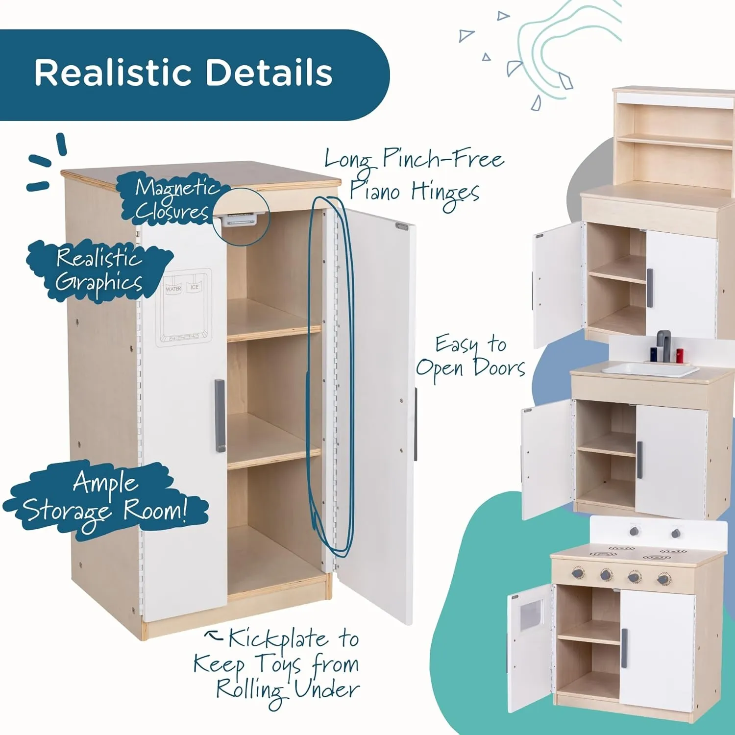 Children’s Factory Wooden 4-Piece Kitchen Set - Kids & Toddlers Pretend Fridge - Realistic Design & Feature - Pre-School Furniture for Classroom or Playroom - Assembly Required