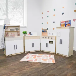 Children’s Factory Wooden 4-Piece Kitchen Set - Kids & Toddlers Pretend Fridge - Realistic Design & Feature - Pre-School Furniture for Classroom or Playroom - Assembly Required